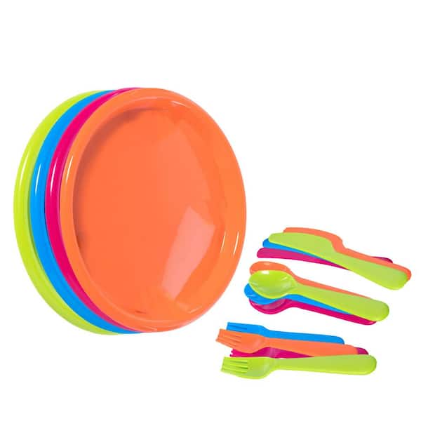 Basicwise Reusable Cutlery Set of 4 (1 of Green, Pink, Blue, Orange) Plastic Plates, Spoons, Forks, and Knives for Kids