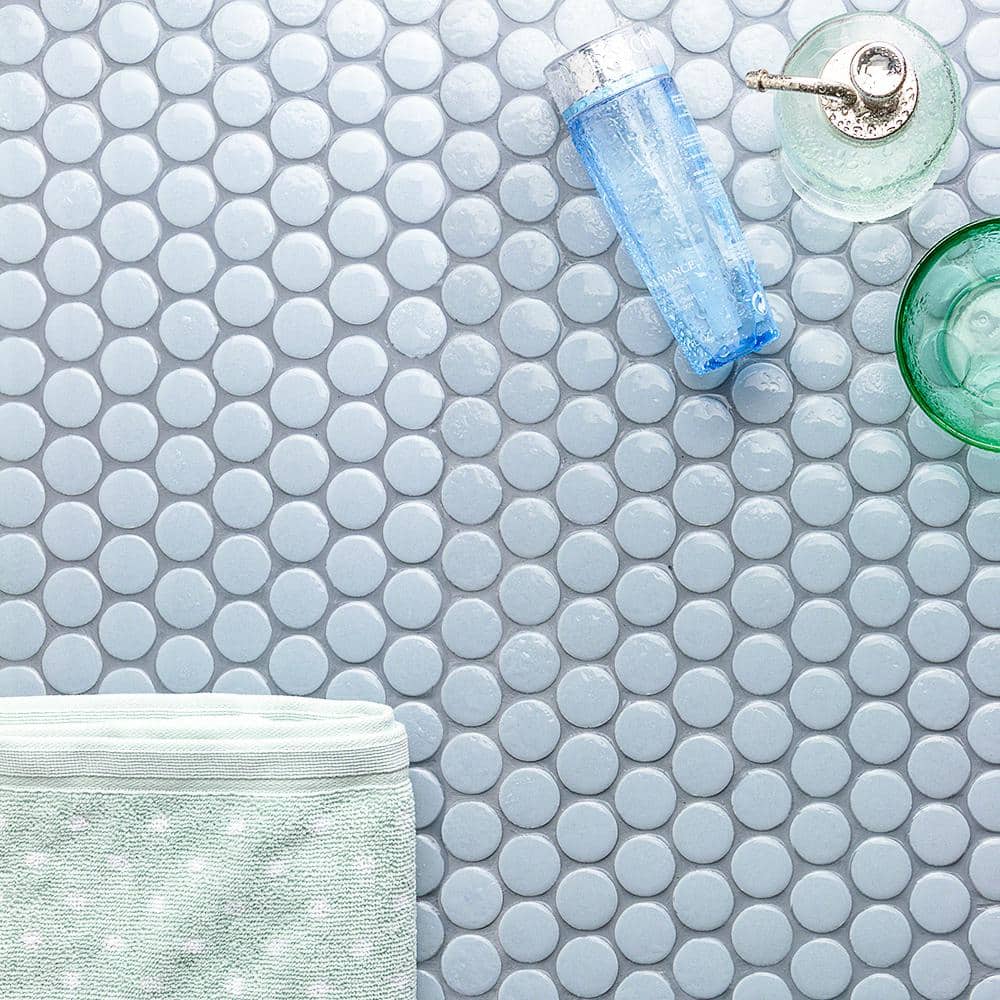 Sky Blue Penny Round Polished Ceramic Mosaic Tile