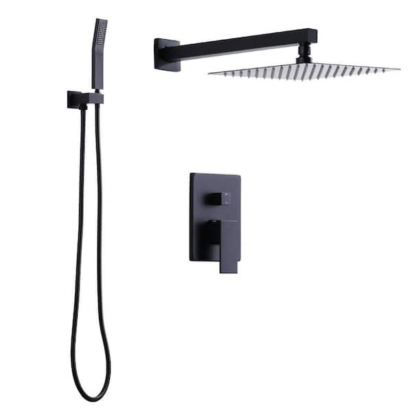 VEVETTA Single Handle 2-Spray Dual Wall Mount Shower Faucet 1.8 GPM with 10 in. Square Adjustable Shower Head in Matte Black