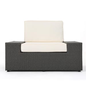 Leora Gray Wicker Outdoor Lounge Chair with White Cushions