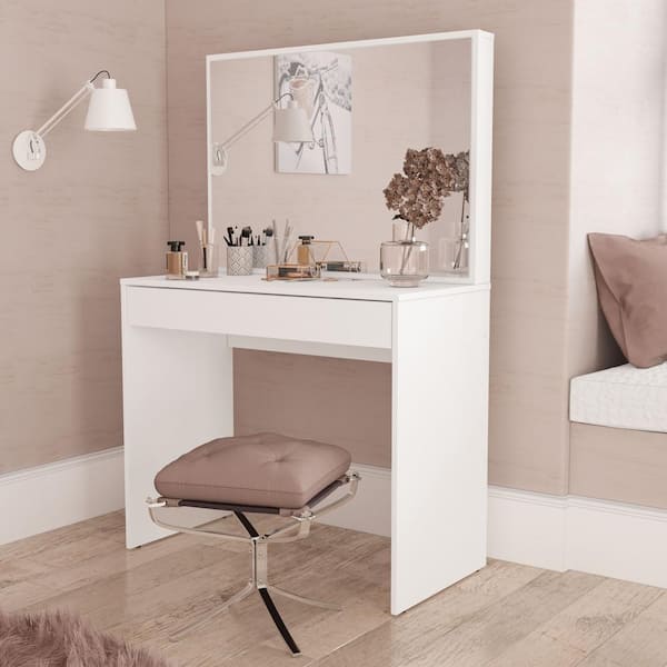FUFU GAGA 5 Drawers White Makeup Vanity Sets Dressing Table Sets with Stool Mirror LED Light and 3 Tier Storage Shelves
