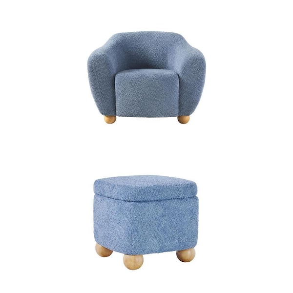 Linley Soft Blue Boucle Accent Chair with Wood Legs and Square Storage Ottoman Combo