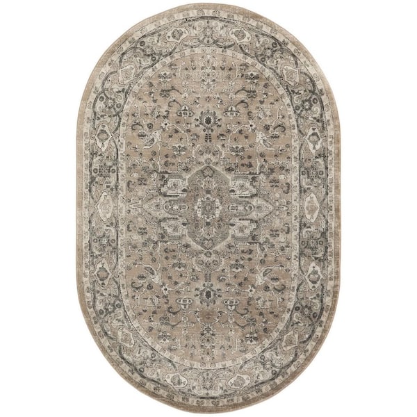5 ft. x 8 ft. Beige and Gray Medallion Power Loom Distressed Area Rug