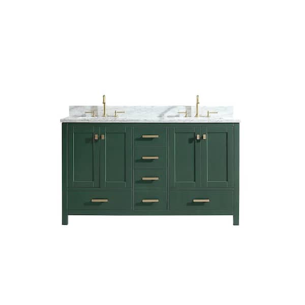 SUPREME WOOD Eileen 60in.W X22in.DX35.4 in.H Bathroom Vanity in Green with Marble Stone Vanity Top in White with Double White Sink