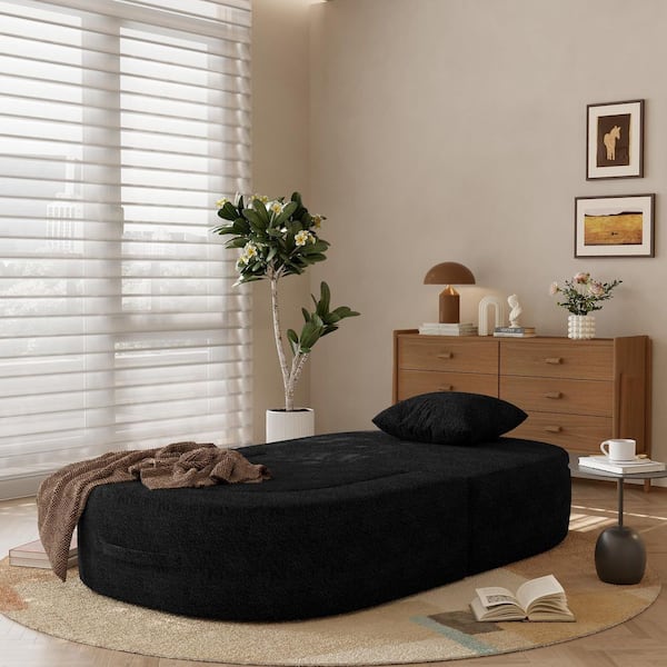 40. 55 in. Black Teddy Velvet Twin Size Folding Sofa Bed Convertible Chair with Adjustable Backrest and Pillow