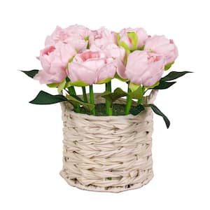10 in. Artificial Floral Arrangements Peony in White Basket Color: Pink and White