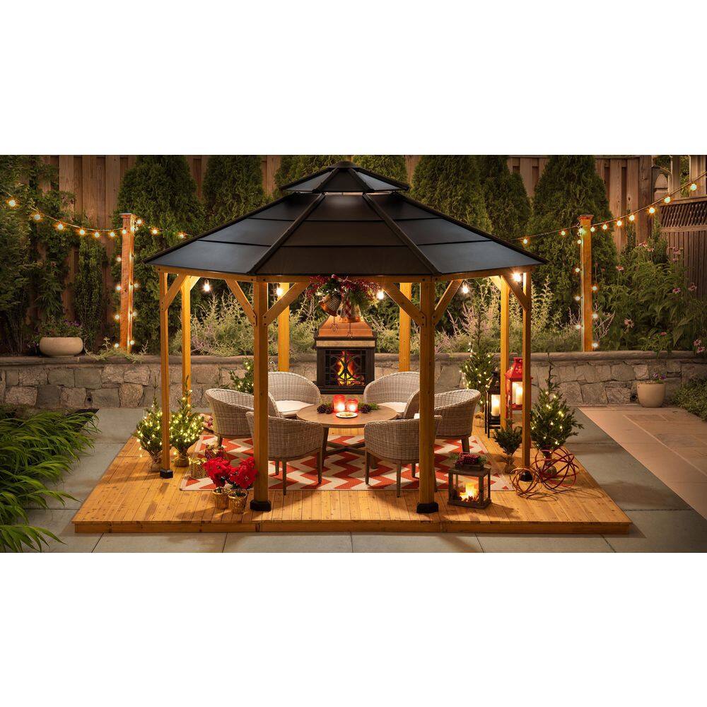 Cedar Framed Octagon Gazebo with Brown Steel Roof and Ceiling Hook