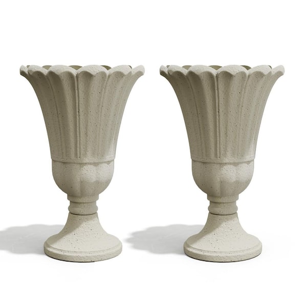 Petal Shape 15.75 in. W x 23.62 in. H Large Beige Plastic Planter Urns with Drainage Hole, Set of 2