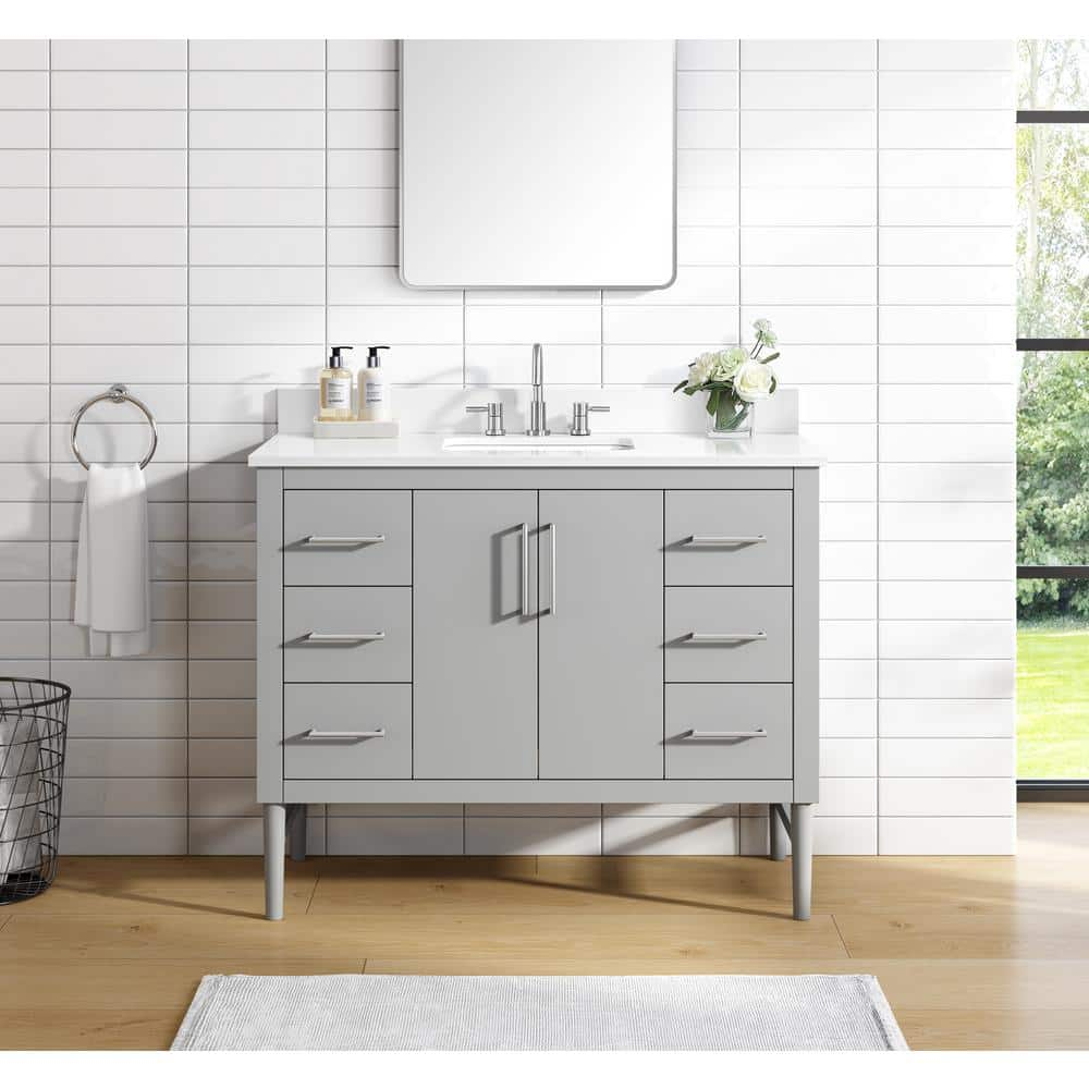 Nova 43 in. W x 22 in. D x 35 in. H Single Sink Freestanding Bath Vanity in Gray with White Engineered Stone Top- SLIGHT CRACKS ON TOP