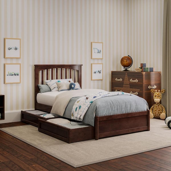 AFI Everett Walnut Brown Solid Wood Frame Twin Platform Bed with Panel Footboard and Storage Drawers
