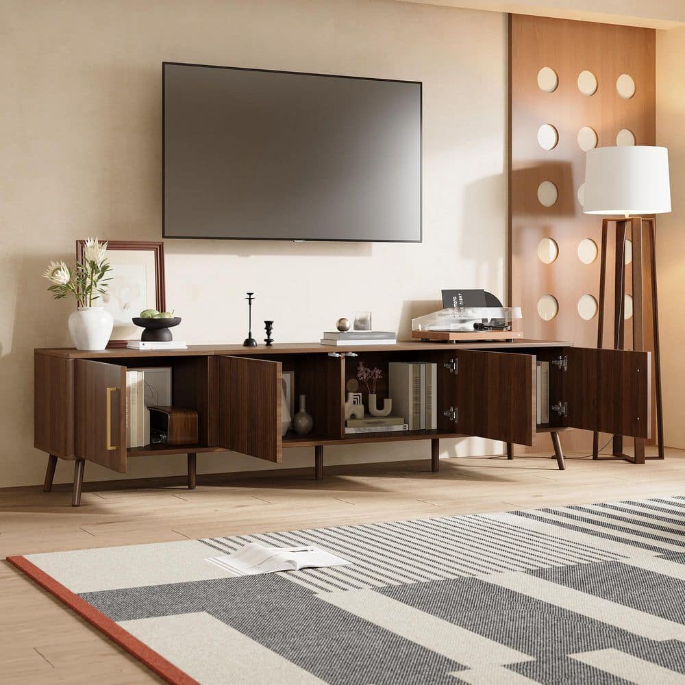 Walnut TV Stand Fits TV's Up to 85 with Fluted Door and Cable Management, Soft-Closing Hinges