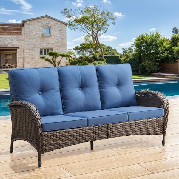 moosprr 3-Seat Brown PE Wicker Outdoor Couch with Blue Cushions