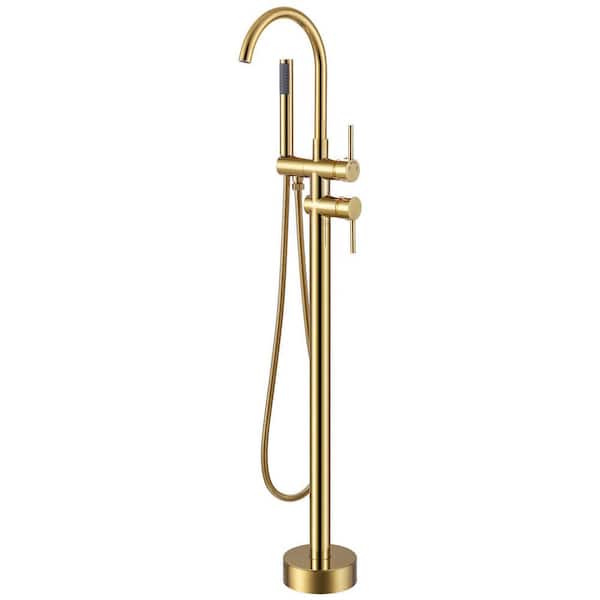 Double-Handle Claw Foot Tub Faucet Freestanding Floor Mount Roman Tub Faucet with Waterfall Spout in Brushed Gold
