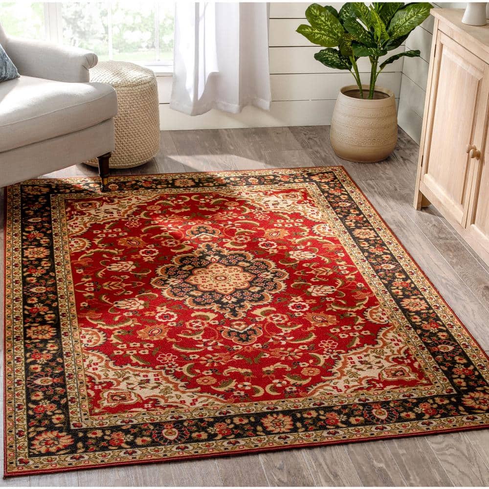 Red and Beige Medallion Synthetic Washable 5' x 7' Area Rug