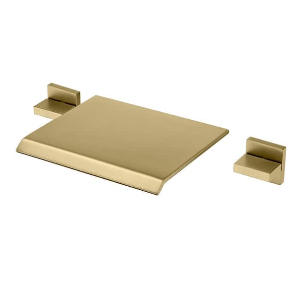 Modern Double Handle Wall Mounted Roman Tub Faucet with Waterfall Spout in Brushed Gold