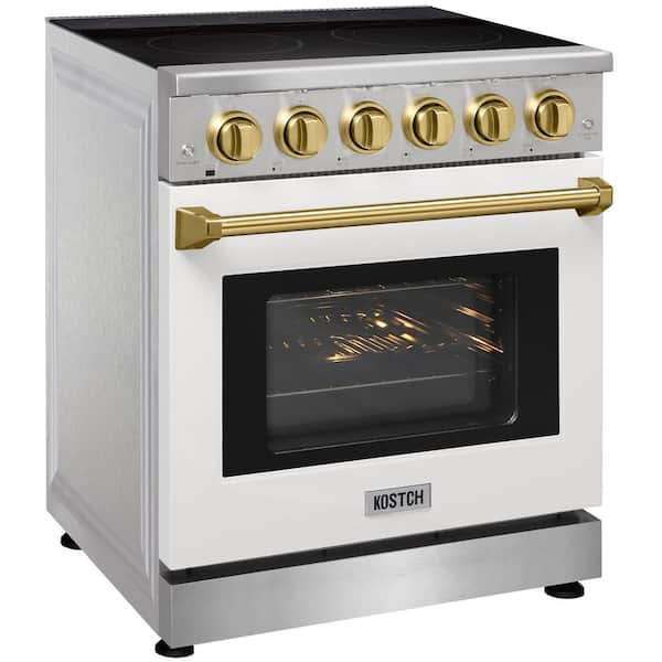 30 in. 5 Elements Freestanding Electric Range with 4.55 cu. ft. True Convection Oven in White with Bronze Handles