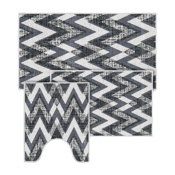 Sussexhome Gray Color Geometric Chevron Design Cotton Non Slip Washable Thin 3 Piece Bathroom Rugs Sets Bth Wlt 02 Set The Home Depot