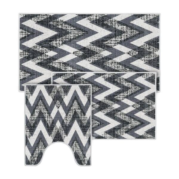Black Geometric 3 Piece Bathroom Rug set 