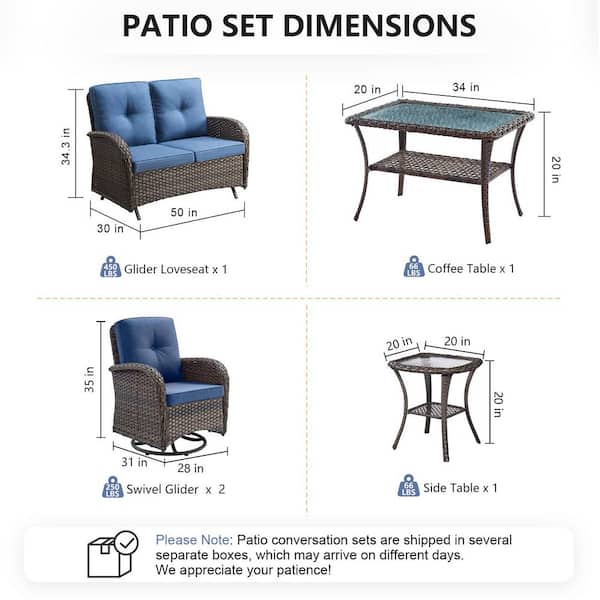 SleekArm 5-Piece Brown Wicker Patio Conversation Set with Olefin Blue Cushion/Glider Loveseat with Patio Swivel Chairs