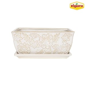 12 in. Lorelai Medium White Floral Ceramic Window Box Planter (12 in. L x 6.1 in. W x 5.5 in. H) with Drainage Hole
