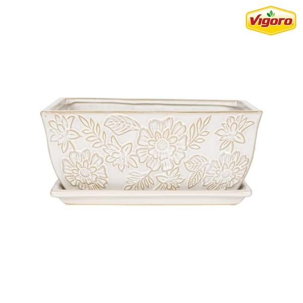 Vigoro 12 in. Lorelai Medium White Floral Ceramic Window Box Planter (12 in. L x 6.1 in. W x 5.5 in. H) with Drainage Hole