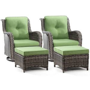 4-Piece Wicker Patio Outdoor Conversation Rocking Chair Set with Green Cushions
