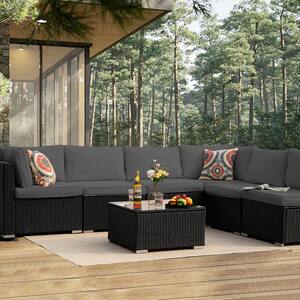 7-Piece Wicker Outdoor Sectional Set with Gray Cushions and Coffee Table