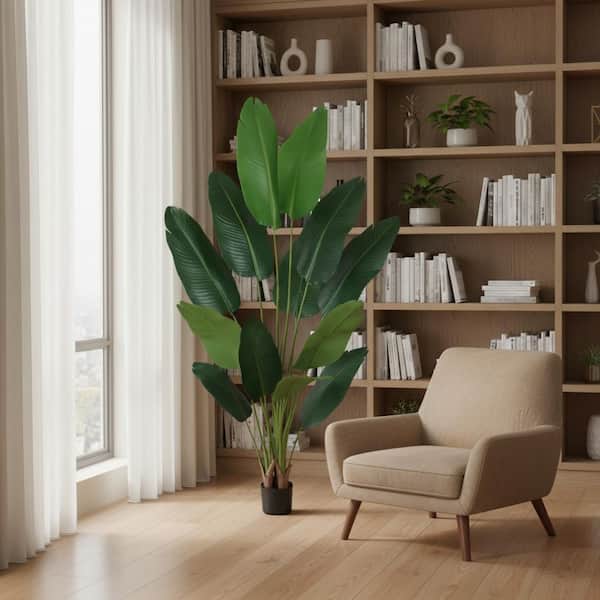 Set of Two 7" Green Artificial Banana Leaf In Cylindrical Black Cement Pot