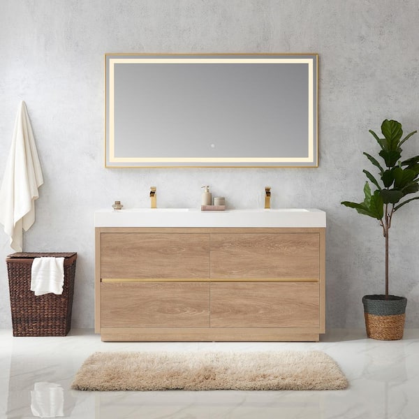 ROSWELL Palencia 60 in. W x 20 in. D x 33.9 in. H Double Bath Vanity in North American Oak with White Composite Integral Top