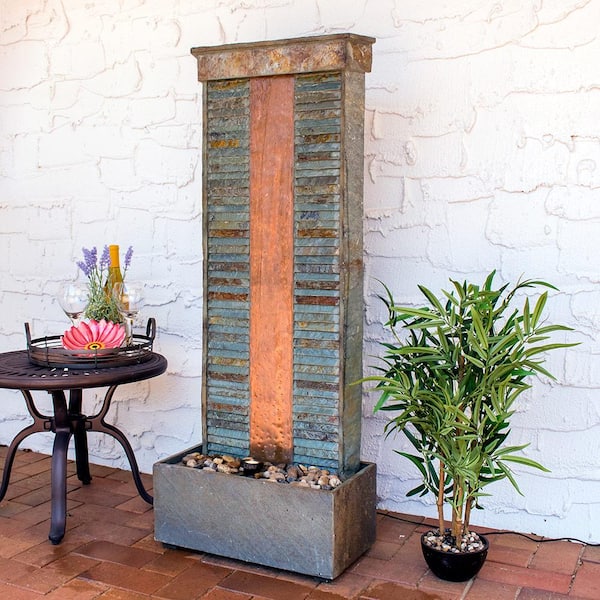 48 in. Rippled Slate Indoor/Outdoor Cascade Fountain with Copper Accents and Spotlight