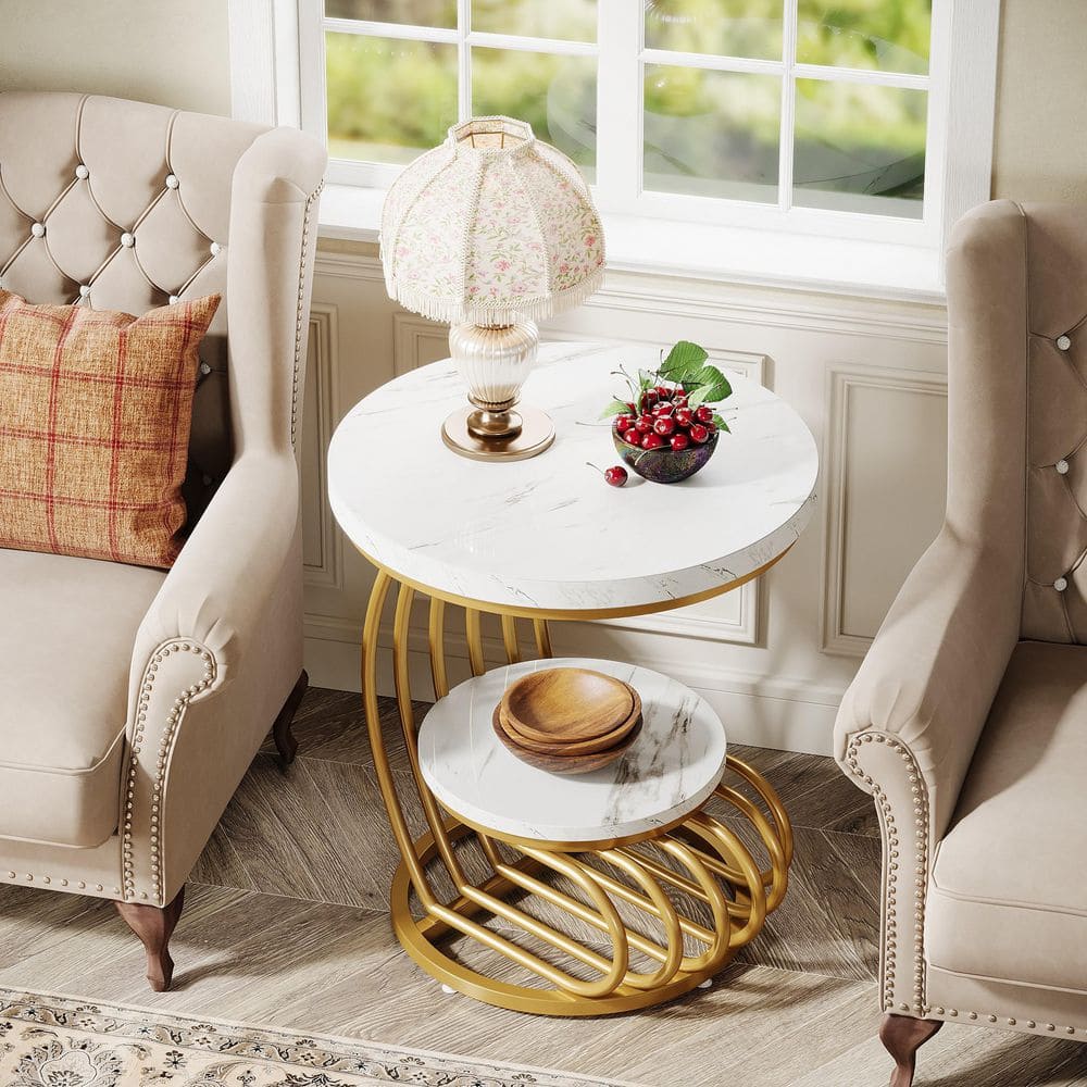 Kerlin 19.68 in. White and Gold Round Wood End Table, 2-Tier Farmhouse Wood Side Table with Shelf Storage, Nightstand price history on PriceWatchPro