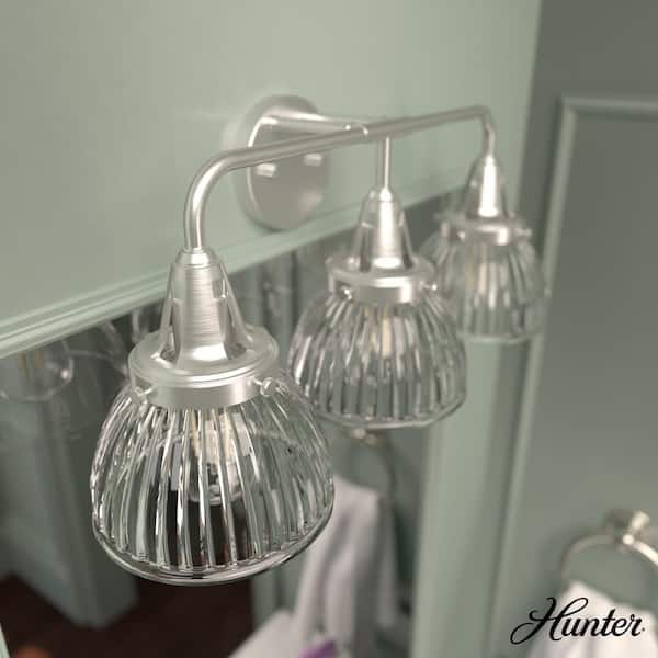 Hunter Cypress Grove 24.25 in. 3 Light Brushed Nickel Vanity Light with Clear Holophane Glass Shades Bathroom Light