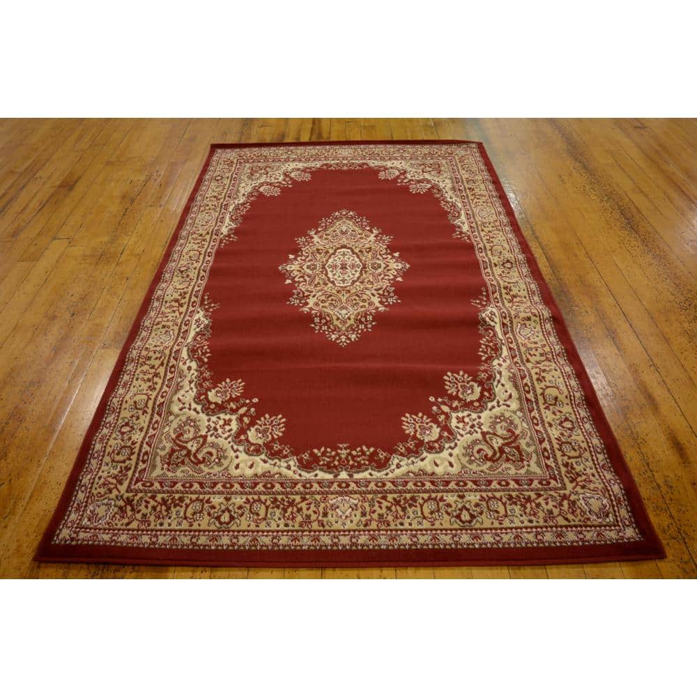 Elegant Medallion 5'3" x 8' Burgundy Synthetic Rectangular Rug