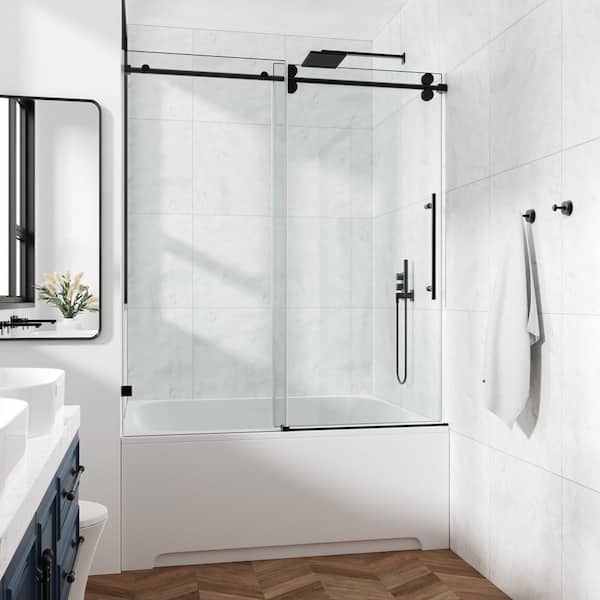 57 in. W x 76 in. H Hinge Frameless Shower Door in Matter Black Finish Clear Glass Soft-Closing Silent Door Bath Panel