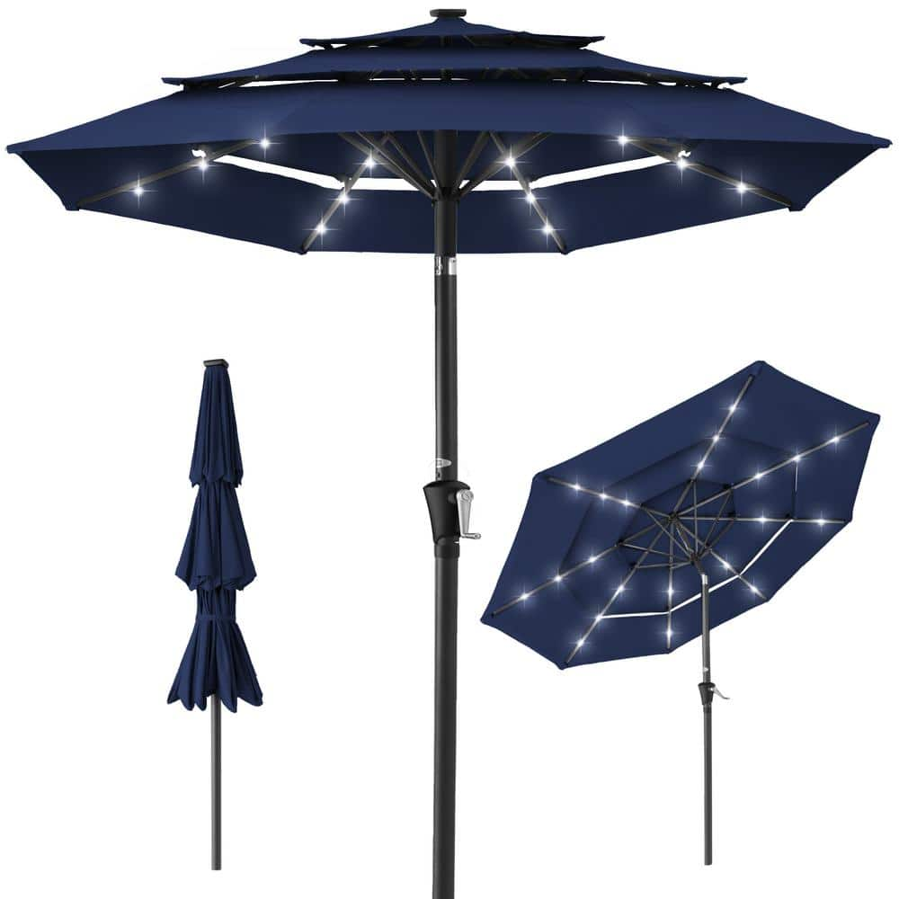 Best Choice Products 10ft 3-Tier Solar Patio Umbrella w/ 24 LED Lights  Tilt Adjustment  Easy Crank - Navy