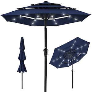 10 ft. Steel Market Solar Tilt Patio Umbrella with 24 LED Lights, Tilt Adjustment, Easy Crank in Navy Blue