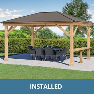 Professionally Installed Meridian 12 ft. x 16 ft. Cedar Shade Gazebo with a 12 ft. Bar Counter and Brown Aluminum Roof
