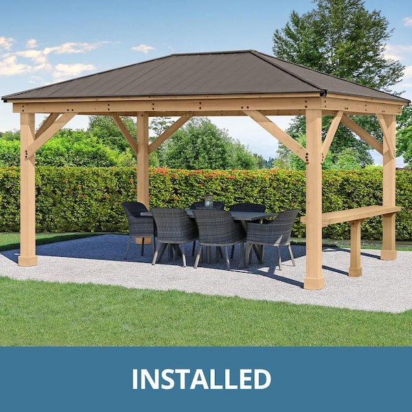 Yardistry Professionally Installed Meridian 12 ft. x 16 ft. Cedar Shade Gazebo with a 12 ft. Bar Counter and Brown Aluminum Roof