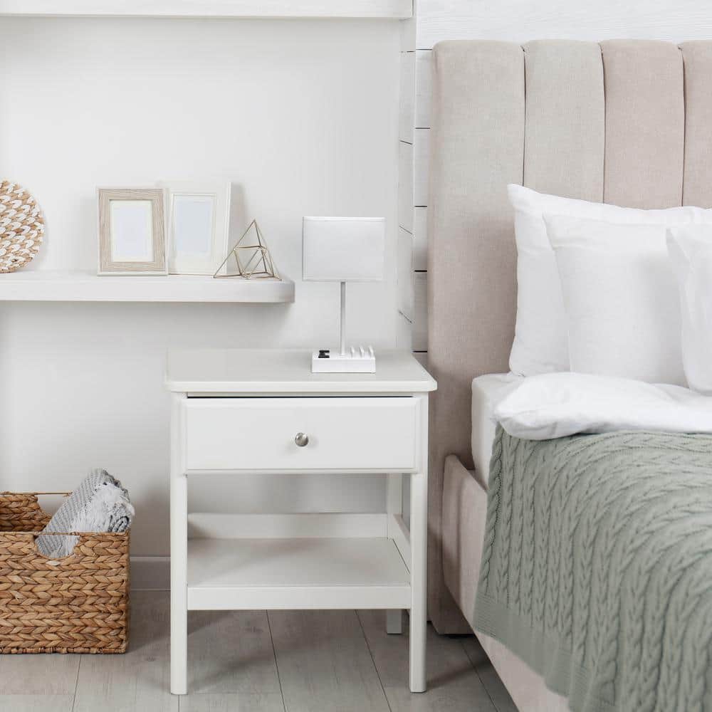 White Rectangular Nightstand Lamp with USB Ports and Charging Outlet