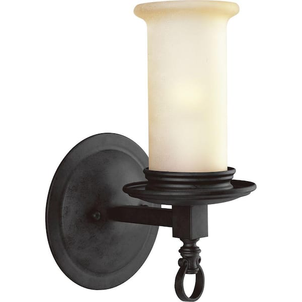 Progress Lighting Santiago Collection 1-Light Forged Black Wall Sconce with Jasmine Mist Glass
