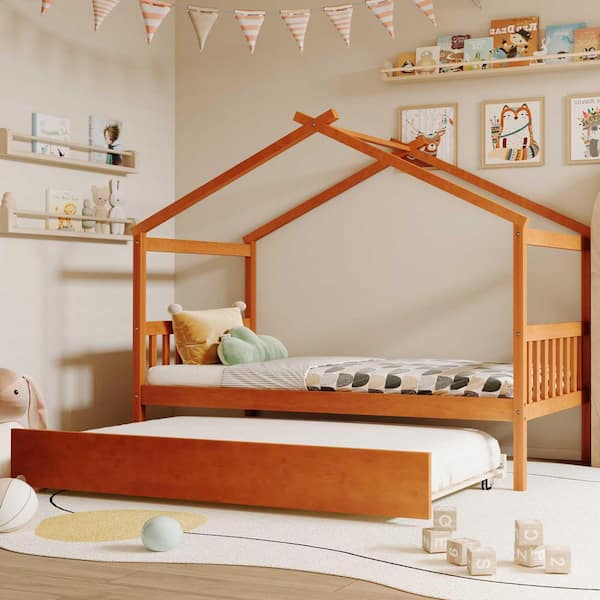 Harper & Bright Designs Walnut Twin Size Wood House Bed Kids Bed with Twin Size Trundle