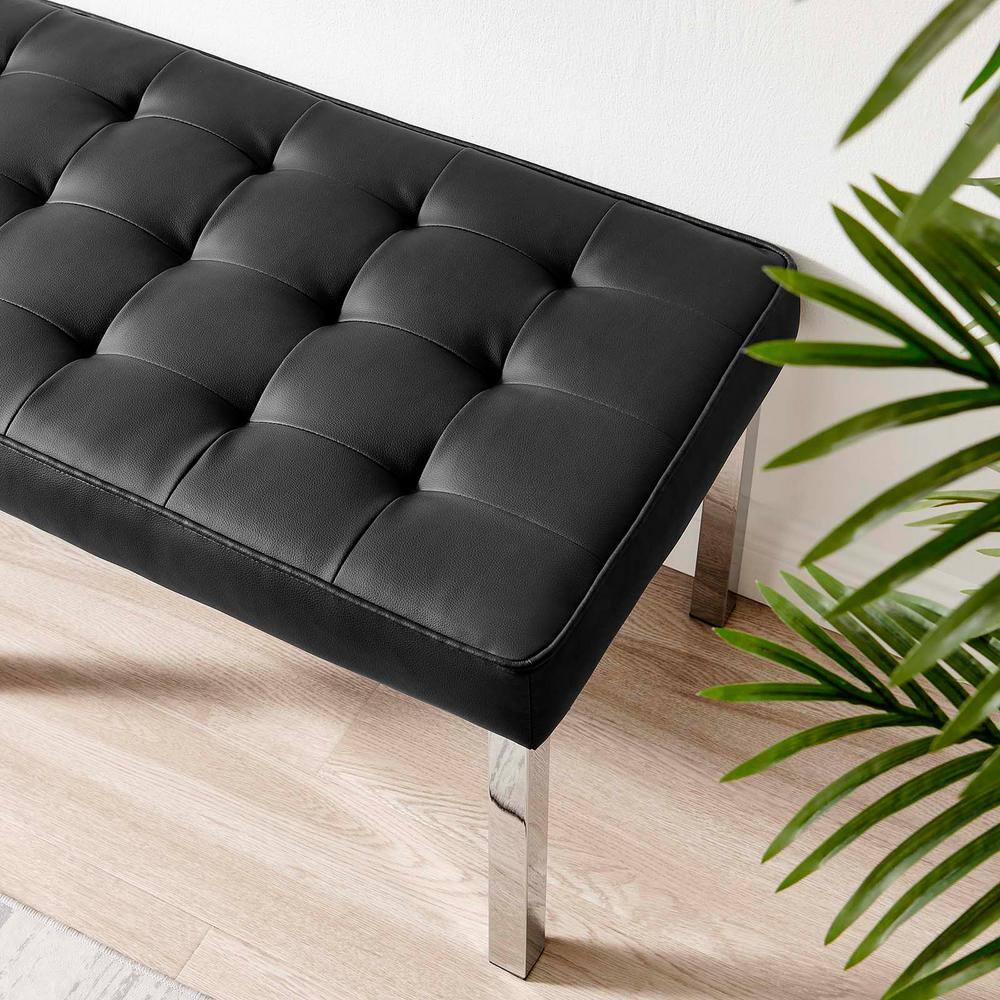 Black Tufted Vegan Leather Bench with Stainless Steel Legs