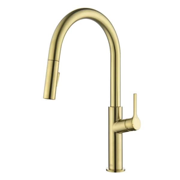 KIBI 16.94 in. H Single Hole 1.8 GPM Pull Down Sprayer Kitchen Faucet with 360° Spout Swivel in Brushed Gold