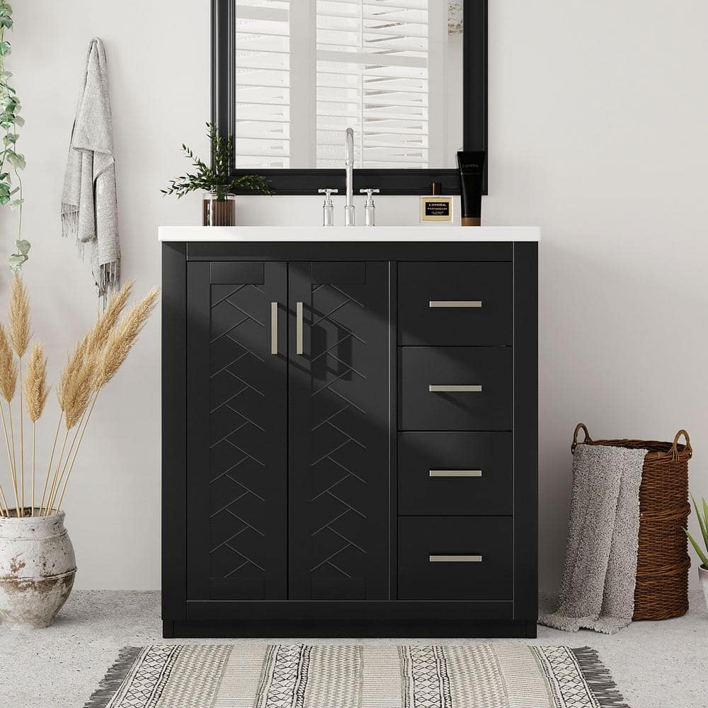 30 in. W x 18 in. D x 34 in. H Freestanding Bath Vanity in Black with White