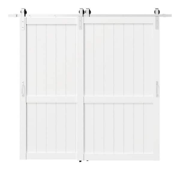 96 in. x 84 in. White, MDF, Primed, Double H-Shaped Brushed Nickel Bypass Sliding Barn Door with Hardware Kit