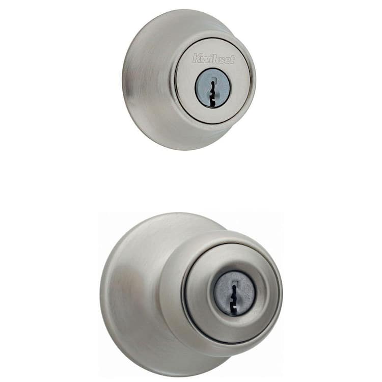 Kwikset Polo Satin Nickel Entry Door Knob and Single Cylinder Deadbolt Combo Pack with Microban Antimicrobial Technology