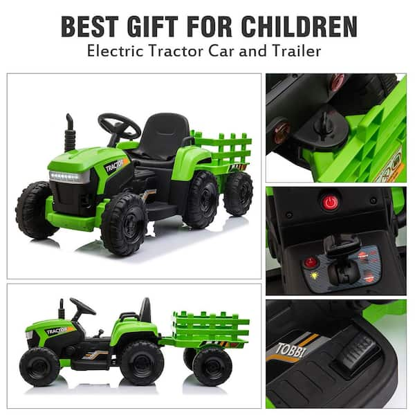 TOBBI 12-Volt Kids Battery Powered Electric Tractor with Trailer in Green  TH17H0486 - The Home Depot