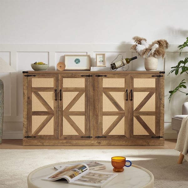 64.96 in. x 15.75 in. x 34.05 in. Oak Color Wooden Faux Rattan Wine Cooler w/4 Magnetic Bin-Doors and Adjustable Shelves