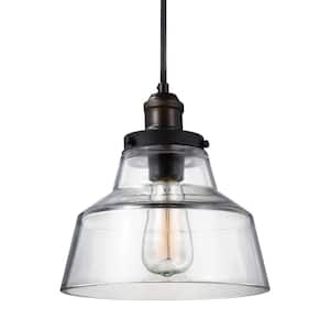Baskin 10 in. W 1-Light Painted Aged Brass/Dark Weathered Zinc Rustic Clear Glass Bell Shaped Pendant with Cloth Cord