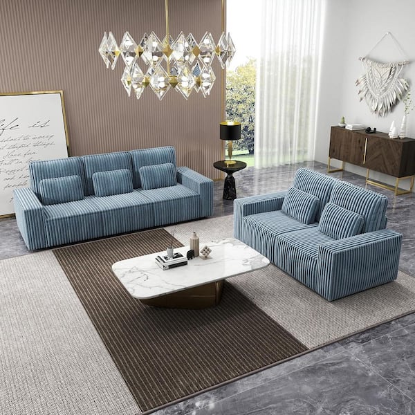 Modern 99 in. Wide Square Arms Corduroy 3-Seater Modular Sectional Sofa Couch with Pillows in Gray